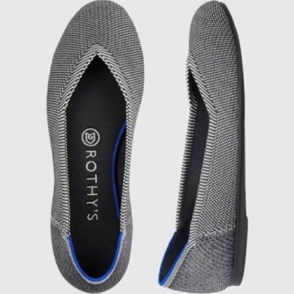 Rothys Birdseye Round Toe Flat Slip On Black White Gray Blue size 7.5